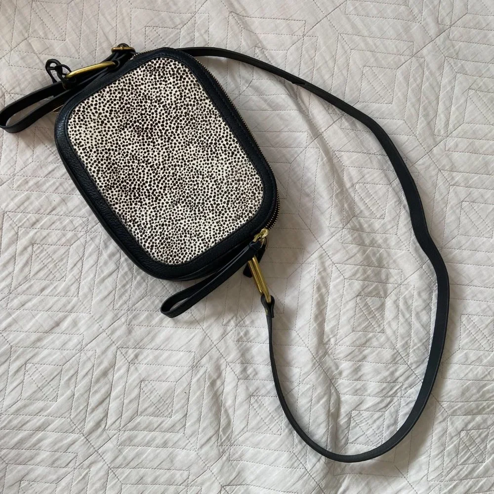 Fossil Black Elle Crossbody Bag Animal Print Cow Hide - Picture 2 of 11